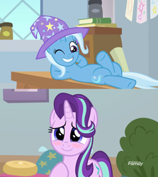 Size: 1278x1434 | Tagged: safe, edit, edited screencap, imported from derpibooru, screencap, starlight glimmer, trixie, a horse shoe-in, marks for effort, blushing, clothes, female, hat, lesbian, one eye closed, shipping, shipping domino, startrix, trixie's hat, wink