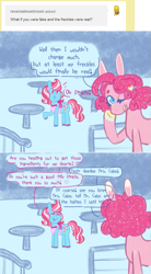 Size: 757x1376 | Tagged: safe, artist:ask-pinkie-polkadot-pie, imported from derpibooru, cup cake, pinkie pie, pony, tumblr:ask-pinkie-polkadot-pie, alternate hairstyle, female, solo, table