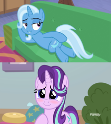 Size: 1278x1434 | Tagged: safe, edit, edited screencap, imported from derpibooru, screencap, starlight glimmer, trixie, marks for effort, road to friendship, blushing, couch, cute, diatrixes, discovery family logo, draw me like one of your french girls, female, glim, glim glam, glimmerbetes, glimmy, lesbian, mat, pillow, shipping, shipping domino, startrix, sweet dreams fuel