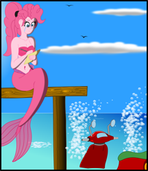 Size: 1772x2050 | Tagged: safe, alternate version, artist:physicrodrigo, imported from derpibooru, part of a set, pinkie pie, bird, mermaid, series:equestria mermaids, equestria girls, alternate ending, april fools, april fools joke, avengers: infinity war, bad end, belly button, breasts, bubble, busty pinkie pie, cleavage, cloud, crying, disintegration, fake, faker than a three dollar bill, female, frown, hans christian andersen, i don't feel so good, implied applejack, implied death, mermaidized, midriff, moped, ocean, paper, part of a series, pen, pier, ponytail, sad, scooter, sea foam, seashell bra, sitting, solo, species swap, the little mermaid, writing