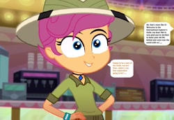 Size: 959x663 | Tagged: safe, edit, edited screencap, editor:thomasfan45, imported from derpibooru, screencap, scootaloo, eqg summertime shorts, equestria girls, the canterlot movie club, 1000 hours in ms paint, blue eyes, brainwashed, canterlot mall, clothes, concession stand, cropped, cute, cutealoo, daring do costume, description is relevant, female, hand on hip, hands on hip, hat, hypnosis, hypnotized, jewelry, mind control, necklace, offscreen character, pants, shirt, smiling, solo, speech bubble, story included, theater, wristband