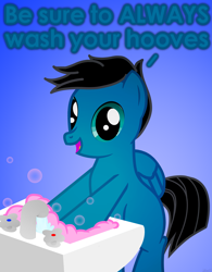 Size: 3195x4104 | Tagged: safe, artist:agkandphotomaker2000, imported from derpibooru, oc, oc only, oc:pony video maker, pegasus, pony, bubble, coronavirus, covid-19, faucet, male, public service announcement, show accurate, sink, soap, soap bubble, solo, text, washing