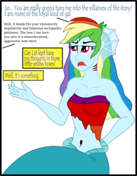 Size: 1654x2122 | Tagged: safe, artist:physicrodrigo, imported from derpibooru, part of a set, rainbow dash, mermaid, series:equestria mermaids, equestria girls, annoyed, author avatar, behind the scenes, belly button, clothes, deadpool, dialogue, dialogue box, earfins, female, fourth wall, gills, hand behind back, mermaidized, midriff, offscreen character, open mouth, papyrus (font), part of a series, raised hand, shirt, simple background, sitting, solo, species swap, speech bubble, text box, transparent background