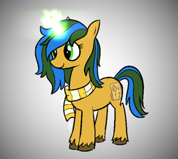 Size: 602x538 | Tagged: safe, artist:modocrisma, imported from derpibooru, oc, oc only, oc:bitwise, pony, unicorn, aura, clothes, doodle, female, glowing horn, gradient background, horn, magic, magic aura, mare, scarf, simple background, smiling, solo, unshorn fetlocks, watermark