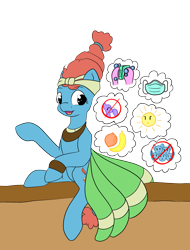 Size: 2403x3168 | Tagged: safe, artist:appleneedle, artist:icey-wicey-1517, artist:icicle-wicicle-1517, color edit, edit, imported from derpibooru, meadowbrook, earth pony, pony, banana, bandana, boop, bubble, clothes, colored, coronavirus, covid-19, female, food, mare, mask, open mouth, orange, public service announcement, raised hoof, simple background, skirt, soap, solo, sun, transparent background