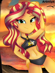 Size: 1536x2048 | Tagged: safe, artist:artmlpk, imported from derpibooru, sunset shimmer, equestria girls, equestria girls series, adorasexy, adorkable, beach, beach babe, beautiful, belly, bikini, clothes, cute, dork, female, hair, hand on head, hand on hip, looking at you, ocean, outfit, sexy, shimmerbetes, smiling, smiling at you, smirk, smug, smugset shimmer, solo, summer sunset, sunset, swimsuit, two piece swimsuit, two-piece swimsuit