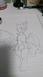 Size: 1152x2048 | Tagged: safe, artist:omegapony16, imported from derpibooru, gallus, griffon, cheerleader, cheerleader outfit, clothes, clothes swap, crossdressing, irl, lineart, lined paper, male, nervous, pencil, photo, skirt, solo, traditional art