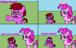 Size: 1279x820 | Tagged: safe, artist:logan jones, imported from derpibooru, pinkie pie, oc, oc:logan berry, colt, drama king, force of habit, habit, implied danger, implied twilight sparkle, male, melodramatic, meme, misnaming, ponified meme, the simpsons, younger