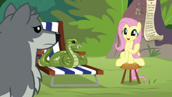 Size: 1920x1080 | Tagged: safe, imported from derpibooru, screencap, antoine, fluttershy, sandra, pony, python, snake, wolf, she talks to angel, beach chair, chair, checklist, cute, female, key, key ring, lawn chair, mare, shyabetes, sitting, stool