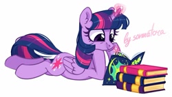 Size: 1185x671 | Tagged: safe, artist:sonnatora, imported from derpibooru, twilight sparkle, alicorn, pony, book, bookhorse, cute, ear fluff, female, magic, mare, prone, reading, simple background, solo, telekinesis, twiabetes, twilight sparkle (alicorn), white background