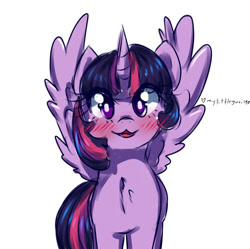 Size: 500x497 | Tagged: safe, artist:mylittleyuri, artist:twi-shys, imported from derpibooru, twilight sparkle, alicorn, pony, :3, blushing, chest fluff, cute, female, looking at you, mare, open mouth, simple background, solo, spread wings, twiabetes, twilight sparkle (alicorn), white background, wings