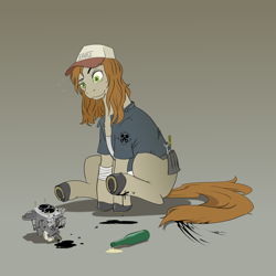 Size: 5000x5000 | Tagged: safe, alternate version, artist:dr_comix, imported from derpibooru, oc, oc only, oc:elbow grease, earth pony, pony, alcohol, bandage, baseball cap, beer, beer bottle, belt, boots, cap, clothes, drone, drunk, female, gloves, hat, jacket, mare, mechanic, oil, piston, raised eyebrow, screwdriver, shirt, shoes, sitting, solo, t-shirt, underhoof, wrench