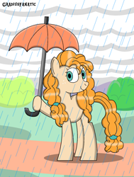 Size: 1044x1381 | Tagged: safe, artist:gradiusfanatic, imported from derpibooru, pear butter, pony, female, rain, solo, umbrella