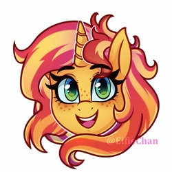 Size: 1500x1500 | Tagged: safe, artist:katakiuchi4u, imported from derpibooru, sunset shimmer, pony, unicorn, :d, bust, cute, female, freckles, happy, head only, looking at you, mare, open mouth, peppered bacon, portrait, shimmerbetes, simple background, smiling, solo, white background