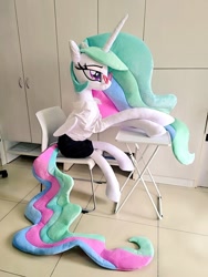 Size: 768x1024 | Tagged: safe, artist:nekokevin, imported from derpibooru, princess celestia, alicorn, pony, chair, clothes, female, glasses, irl, lidded eyes, mare, photo, plushie, shirt, sitting, skirt, smiling, solo