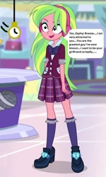 Size: 375x624 | Tagged: safe, edit, edited screencap, editor:thomasfan45, imported from derpibooru, screencap, lemon zest, human, dance magic, equestria girls, spoiler:eqg specials, 1000 hours in ms paint, blouse, bow, canterlot mall, clothes, cropped, crystal prep academy uniform, description is relevant, female, headphones, hypno eyes, hypnosis, hypnotized, implied zephyr breeze, kneesocks, male, offscreen character, offscreen male, open mouth, pendulum swing, pocket watch, request, school uniform, shoes, skirt, smiling, socks, solo, speech bubble, story included, trance