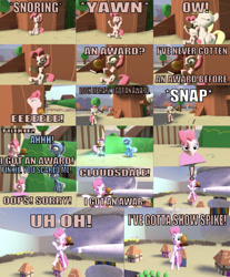 Size: 750x906 | Tagged: safe, artist:undeadponysoldier, imported from derpibooru, derpy hooves, pinkie pie, trixie, earth pony, pegasus, pony, unicorn, comic:big pinkie loser, series:spikebob scalepants, 3d, abuse, angry, big pink loser, cloudsdale, female, funny, gmod, golden oaks library, mare, parody, pinkie being pinkie, pinkiebuse, scared, silly, spongebob squarepants, transformation