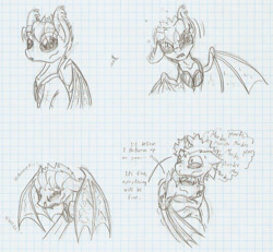 Size: 952x881 | Tagged: safe, artist:ravenpuff, imported from derpibooru, oc, oc only, oc:prof. sanguinem, oc:sunshine unit, bat pony, pony, bags under eyes, bat pony oc, bat wings, coughing, dialogue, disgusted, eyes closed, fangs, gay, gerontophilia, goggles, graph paper, grayscale, hug, male, monochrome, oc x oc, shipping, sick, stallion, traditional art, wings