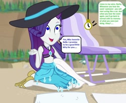 Size: 733x599 | Tagged: safe, edit, edited screencap, editor:thomasfan45, imported from derpibooru, screencap, rarity, human, equestria girls, equestria girls series, forgotten friendship, 1000 hours in ms paint, beach, beach chair, beach towel, bikini, clothes, cropped, cute, description is relevant, feet, female, geode of shielding, hat, hypno eyes, hypnosis, hypnotized, implied sweetie belle, kneeling, magical geodes, mental shift, midriff, offscreen character, open mouth, pendulum swing, pocket watch, post-hypnotic trigger, request, sand, sandals, sarong, smiling, solo, speech bubble, story included, sun hat, swimsuit