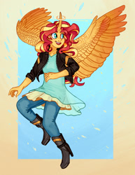 Size: 1700x2200 | Tagged: safe, artist:cuttledreams, imported from derpibooru, sunset shimmer, human, equestria girls, alicornified, clothes, curved horn, female, horn, horned humanization, humanized, race swap, shimmercorn, solo, winged humanization, wings