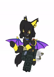 Size: 1451x2048 | Tagged: safe, artist:omegapony16, imported from derpibooru, oc, oc only, oc:oriponi, bat pony, pony, bat pony oc, bat wings, bracelet, ear piercing, earring, female, flying, grin, gun, jewelry, mare, piercing, smiling, solo, underhoof, weapon, wings