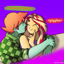 Size: 2000x2000 | Tagged: safe, artist:9987neondraws, imported from derpibooru, sunset shimmer, oc, oc:ruby sword, equestria girls, canon x oc, cuddling, female, hug, male, straight, sunsword