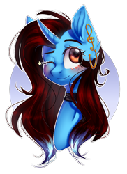 Size: 941x1296 | Tagged: safe, artist:paintpalet35, imported from derpibooru, oc, oc only, pony, unicorn, bust, choker, female, one eye closed, simple background, solo, transparent background, wink