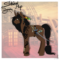 Size: 2000x2000 | Tagged: safe, artist:theblackcatstale, imported from derpibooru, oc, oc only, pony, unicorn, feather, horn, male, pirate, ship, signature, solo, stallion, story included, sword, tattoo, text, unicorn oc, weapon