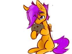 Size: 1440x1080 | Tagged: safe, artist:anonymous, imported from derpibooru, scootaloo, pegasus, pony, /mlp/, 4chan, blank flank, chocolate, chocolate chip cookie, cookie, cute, cutealoo, drawthread, eating, eyebrows, eyebrows visible through hair, female, filly, food, head down, looking up, missing cutie mark, simple background, solo, white background