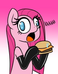 Size: 666x852 | Tagged: safe, artist:angryburger, derpibooru exclusive, imported from derpibooru, pinkie pie, earth pony, pony, blank expression, blank eyes, burger, cheeseburger, clothes, derp face, evening gloves, food, gloves, hamburger, latex, latex gloves, latex socks, latex stockings, long gloves, meat, pinkamena diane pie, ponies eating meat, shrunken pupils, socks, solo, sweat, sweatdrop