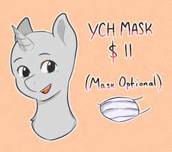 Size: 1800x1600 | Tagged: safe, artist:poofindi, imported from derpibooru, advertisement, bust, mask, smiling, text, ych example, your character here