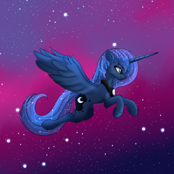 Size: 3000x3000 | Tagged: safe, artist:orangejuicerus, imported from derpibooru, princess luna, alicorn, pony, female, flying, solo, stars, wings