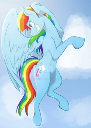 Size: 1920x2688 | Tagged: safe, artist:tikiirishy, imported from derpibooru, rainbow dash, pegasus, pony, backwards cutie mark, bean mouth, cloud, deviantart watermark, female, flying, mare, obtrusive watermark, sky, solo, spread wings, watermark, wings