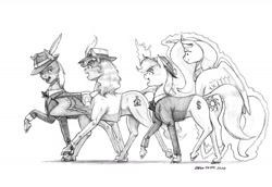 Size: 1400x965 | Tagged: safe, artist:baron engel, imported from derpibooru, princess celestia, oc, oc:carousel, oc:petina, oc:sky brush, earth pony, pegasus, unicorn, colored hooves, female, grayscale, male, mare, monochrome, pencil drawing, plushie, simple background, stallion, story included, traditional art, white background