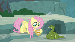 Size: 1920x1080 | Tagged: safe, imported from derpibooru, screencap, antoine, fluttershy, pegasus, pony, python, snake, she talks to angel, cookie, cookie jar, female, food, hoof hold, mare, messy mane, snake treat