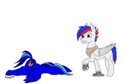 Size: 2152x1440 | Tagged: safe, artist:echoarts, imported from derpibooru, oc, oc only, oc:blueflame, oc:silverarrow, hippogriff, pegasus, pony, faceplant, male, oof, simple background, transparent background