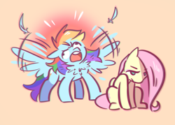 Size: 1400x1000 | Tagged: safe, anonymous artist, imported from derpibooru, fluttershy, rainbow dash, pegasus, pony, /mlp/, behaving like a bird, derp, drawthread, duo, flapping, flapping wings, fluttershy is not amused, majestic as fuck, mating dance, ponified animal photo, requested art, simple background, solo, threat display, unamused, wings