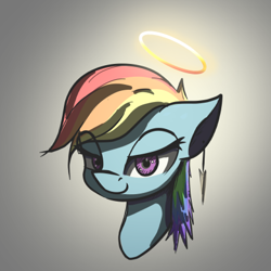 Size: 420x420 | Tagged: safe, anonymous artist, imported from derpibooru, rainbow dash, pegasus, pony, /mlp/, angel, bust, drawthread, female, gradient background, halo, lidded eyes, portrait, solo