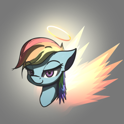 Size: 540x540 | Tagged: safe, alternate version, anonymous artist, imported from derpibooru, rainbow dash, pegasus, pony, /mlp/, angel, bust, drawthread, female, fiery wings, gradient background, halo, lidded eyes, portrait, solo, wings