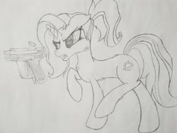 Size: 2016x1512 | Tagged: safe, artist:straighttothepointstudio, imported from derpibooru, luster dawn, pony, the last problem, angry, black and white, cutie mark, female, fluffy, grayscale, gun, handgun, long hair, long mane, long tail, monochrome, pistol, ponytail, solo, traditional art, weapon