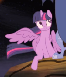 Size: 288x332 | Tagged: safe, imported from derpibooru, screencap, discord, twilight sparkle, alicorn, three's a crowd, cropped, female, hoof on hip, solo focus, spread wings, twilight sparkle (alicorn), wings