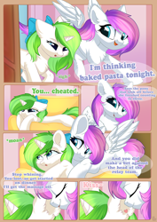 Size: 800x1132 | Tagged: safe, artist:alphadesu, imported from derpibooru, oc, oc only, oc:minty root, oc:snow kicker, pegasus, pony, unicorn, comic:sisterly love, amputee, bow, chest fluff, comic, cute, ear fluff, eyes closed, female, floppy ears, flying, hair bow, hoof hold, hooves, horn, hug, kissing, lying down, mare, mouth hold, open mouth, prone, smiling, spread wings, standing, wings