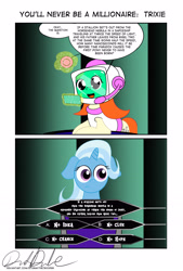 Size: 3006x4441 | Tagged: safe, artist:stormythetrooper, imported from derpibooru, trixie, oc, oc:trivial pursuit, unicorn, trivia, who wants to be a millionaire