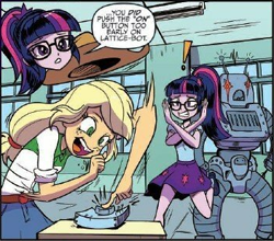 Size: 352x310 | Tagged: safe, artist:pencils, idw, imported from derpibooru, applejack, sci-twi, twilight sparkle, robot, equestria girls, spoiler:comic, spoiler:comicequestriagirlsmarchradness, button, lattice-bot