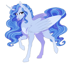 Size: 2340x2068 | Tagged: safe, artist:gigason, imported from derpibooru, oc, oc only, alicorn, pony, alicorn oc, curved horn, female, high res, horn, magical lesbian spawn, mare, offspring, parent:princess luna, parent:trixie, parents:luxie, simple background, solo, tongue out, transparent background, two toned wings, wings