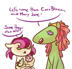 Size: 815x780 | Tagged: safe, artist:kiwigoat-art, imported from derpibooru, roseluck, tree hugger, oc, oc only, oc:coco blossom, oc:mary jane, earth pony, pegasus, pony, baby, baby pony, crack ship offspring, crack shipping, female, joke, magical lesbian spawn, newborn, offspring, parent:roseluck, parent:tree hugger, shipping, simple background, solo, there's a joke in here somewhere, transparent background