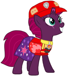 Size: 943x1055 | Tagged: safe, artist:徐詩珮, imported from derpibooru, fizzlepop berrytwist, tempest shadow, pony, unicorn, series:sprglitemplight diary, series:sprglitemplight life jacket days, series:springshadowdrops diary, series:springshadowdrops life jacket days, alternate universe, base used, broken horn, clothes, cutie mark, cutie mark on clothes, dress, eye scar, female, grin, hat, horn, mare, marshall (paw patrol), paw patrol, paw prints, scar, simple background, smiling, solo, transparent background, ultimate rescue