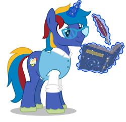 Size: 906x882 | Tagged: safe, artist:dragonchaser123, imported from derpibooru, oc, oc only, oc:astral mythos, pony, book, cutie mark, glasses, quill, simple background, solo, transparent background