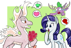 Size: 1800x1200 | Tagged: safe, artist:redahfuhrerking, imported from derpibooru, rarity, spike, dragon, hybrid, longma, pony, them's fightin' herds, background character, bouquet, community related, flower, jealous, mane of fire, this will end in a fight, this will not end well, winged spike, wings