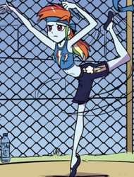 Size: 415x547 | Tagged: safe, artist:pencils, idw, imported from derpibooru, rainbow dash, equestria girls, spoiler:comic, spoiler:comicequestriagirlsmarchradness, ballet, ballet slippers, clothes, cropped, en pointe, female, practice, shorts, sleeveless, solo, sweatband, tanktop